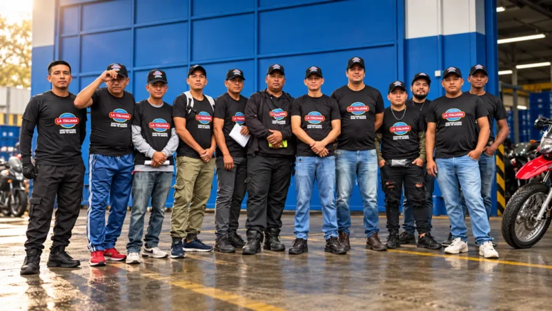 Equipo de campo con uniforme de marca en el patio de un centro de distribución