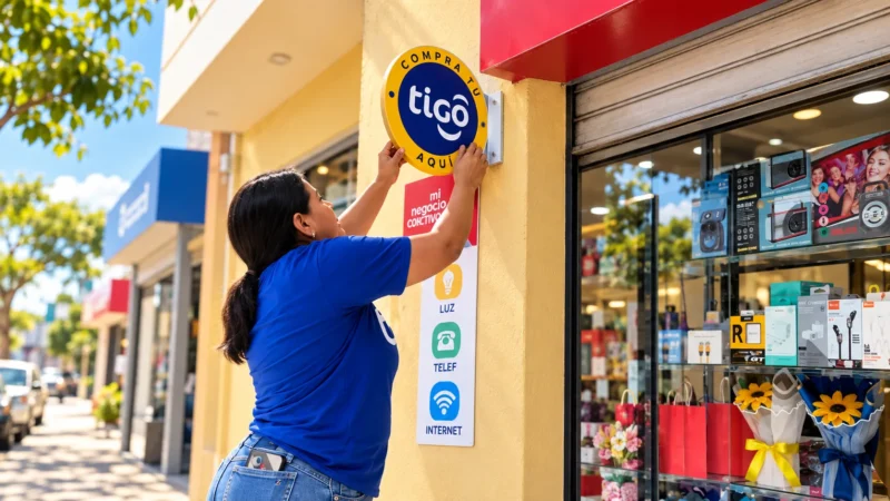 Persona con camiseta azul instala un letrero «Compra tu Tigo aquí» en la fachada de una tienda de barrio